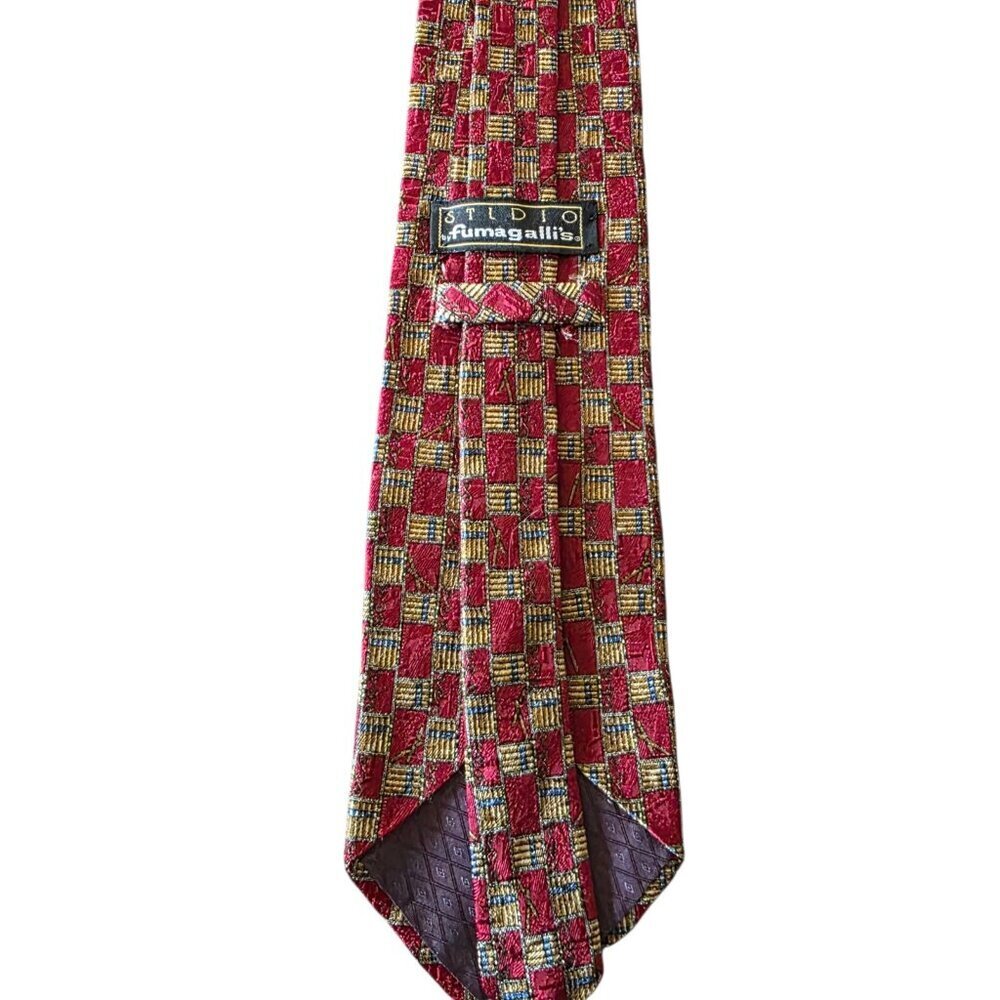 Fumagalli Italy 100% Silk Tie Red Gold Geometric Check Mens Necktie Luxury - Picture 15 of 16